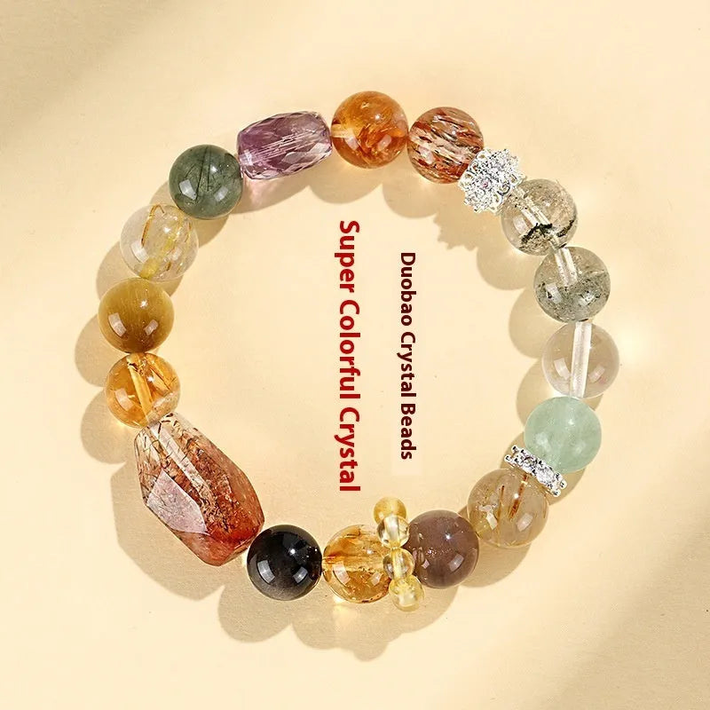 A women's bracelet featuring strands of natural Duobao crystal beads in a black and gold style.