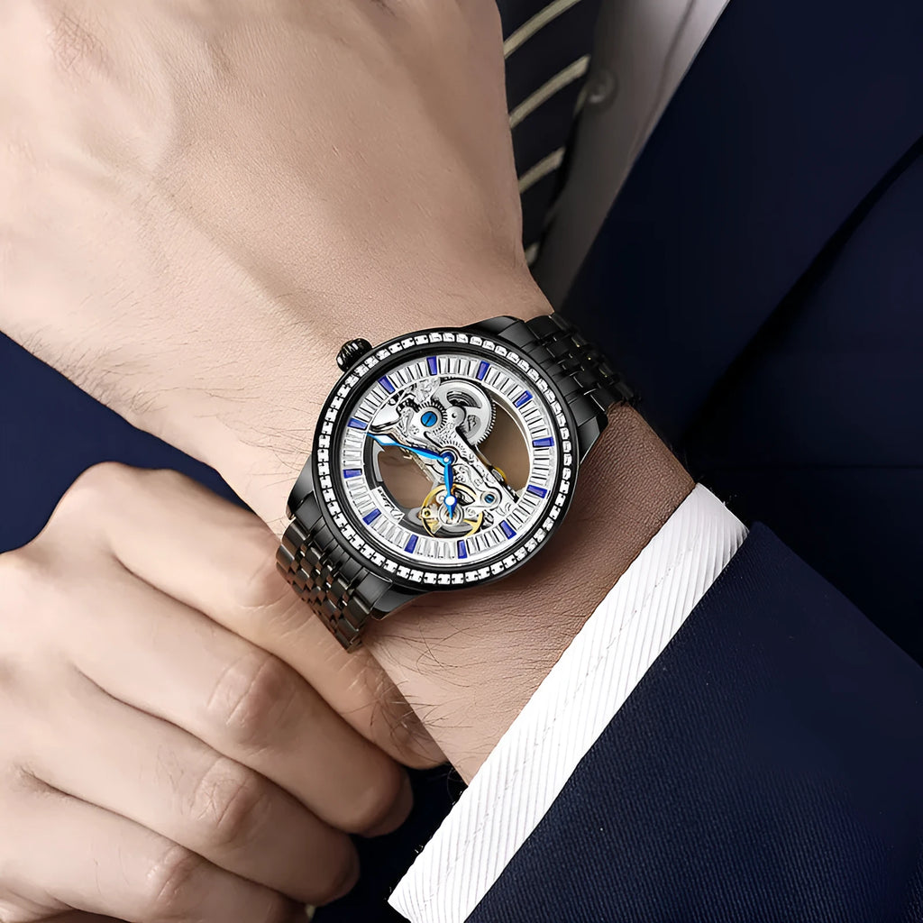 Men's luxury 6046A waterproof mechanical watch with onion crown and transparent case back