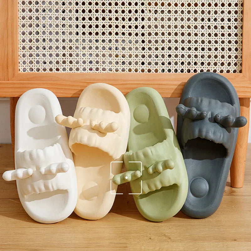 Women's EVA flip flop slippers with deer horn cut-out design in light yellow, showing non-slip sole.