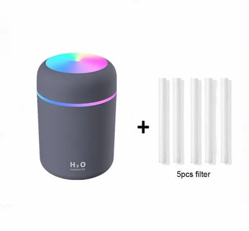 Pink car USB humidifier with LED lights showing water tank and control button