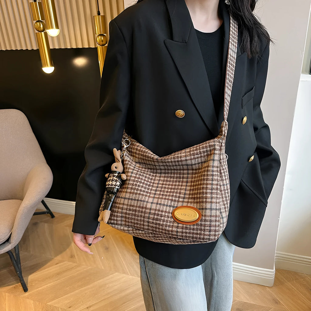 Women's large soft wool crossbody shoulder bag in a horizontal square shape, shown in red, khaki, and brown colour options.