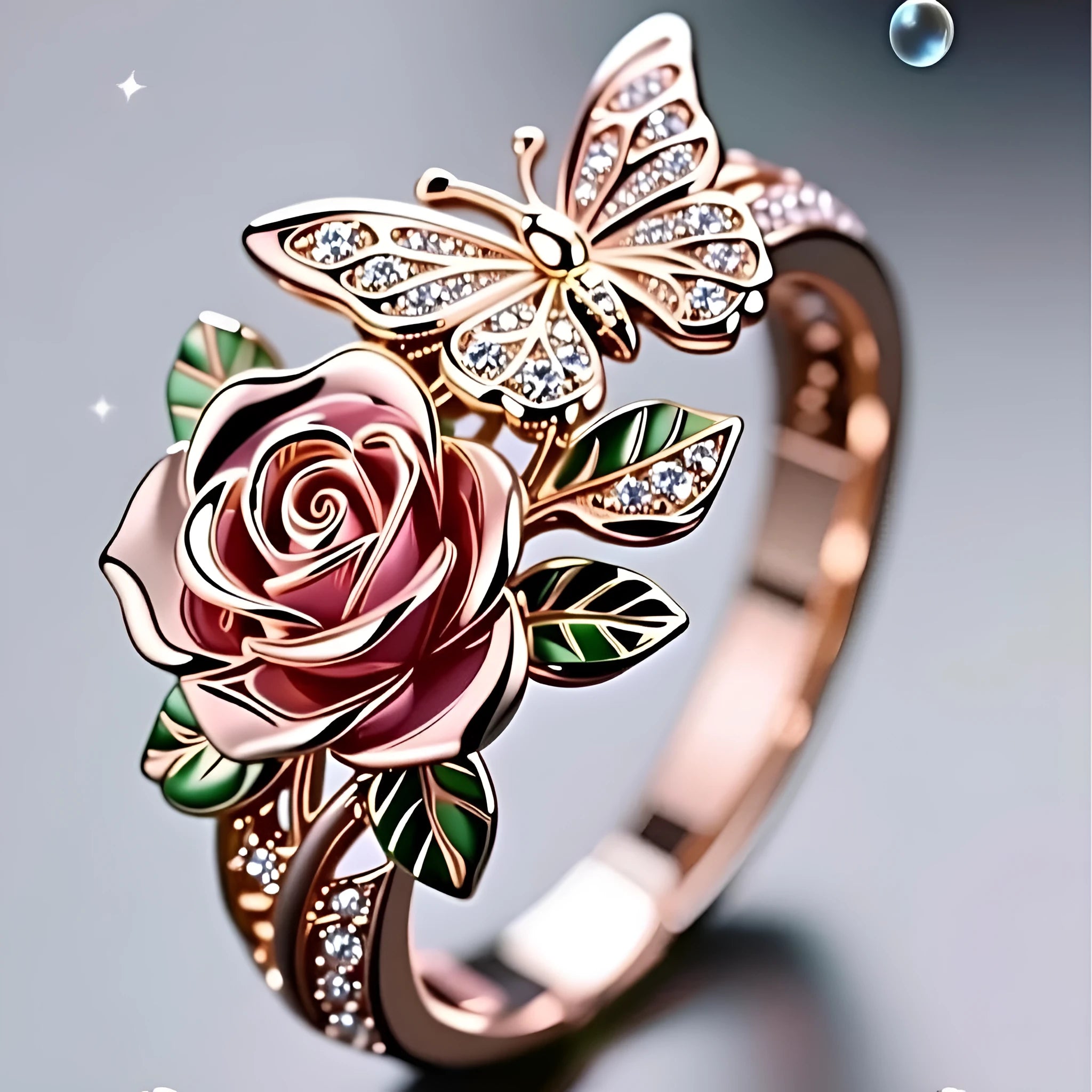 Adjustable butterfly personality ring with colourful oil drip treatment and floral insect leaf design