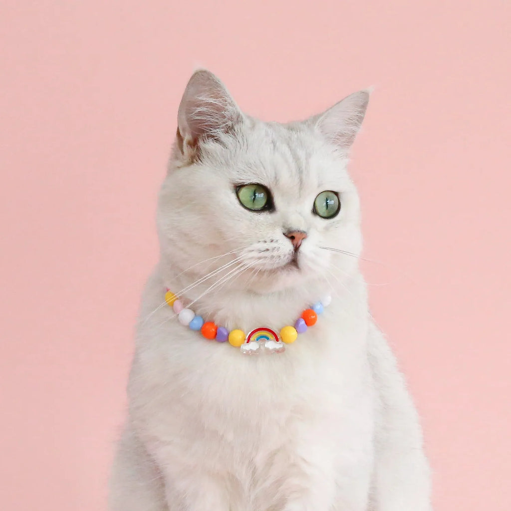 Colourful plastic bead cat necklace in small flower, rainbow or peach designs with adjustable sizing