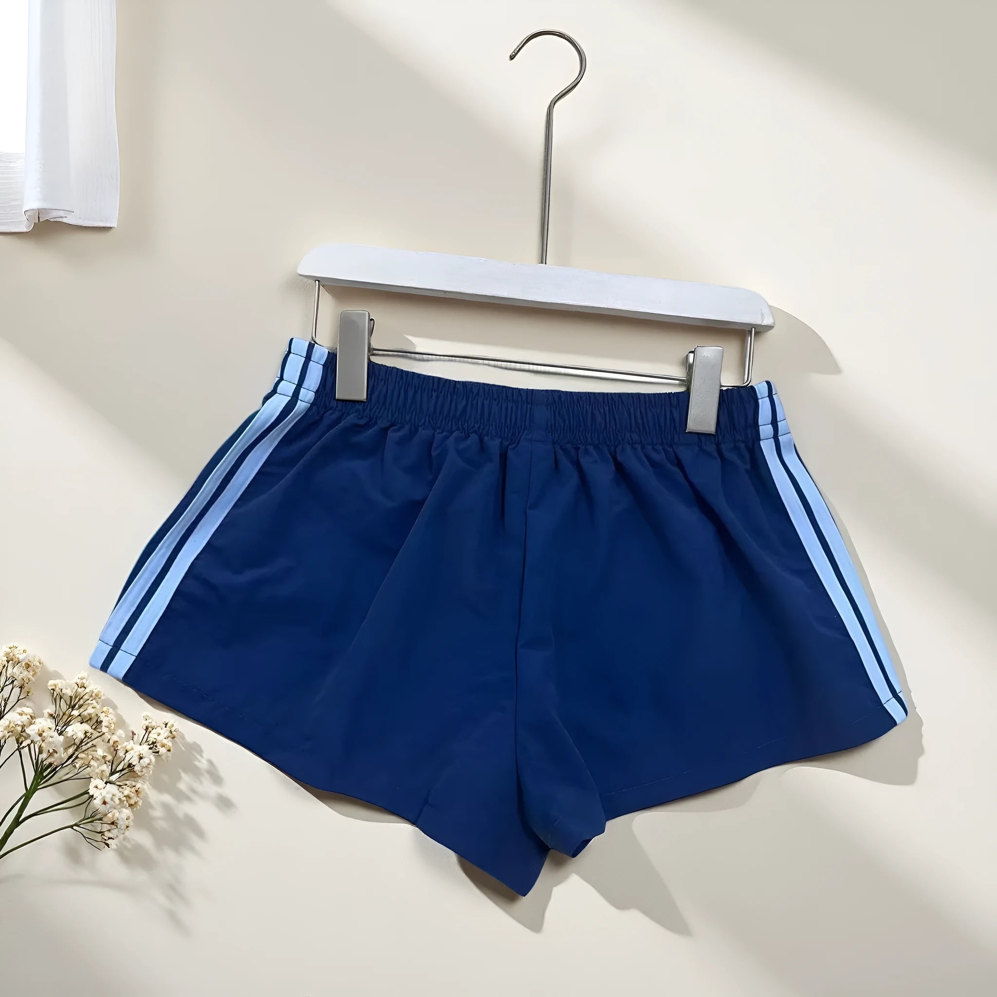 Men's navy blue high-waist nylon sports shorts with elastic fabric