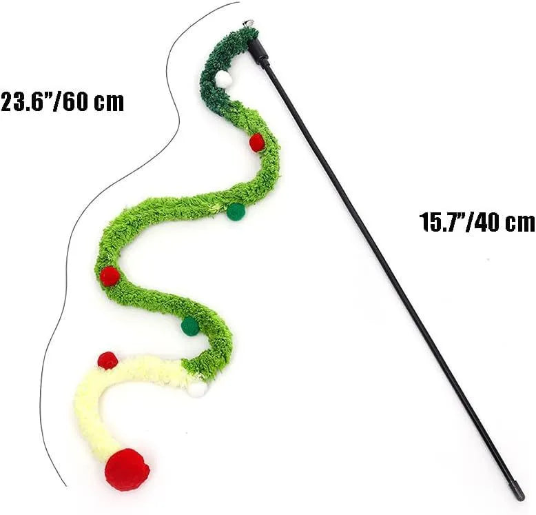 Blue cat wand toy with long plush strip and colourful feather balls attached, held upright.