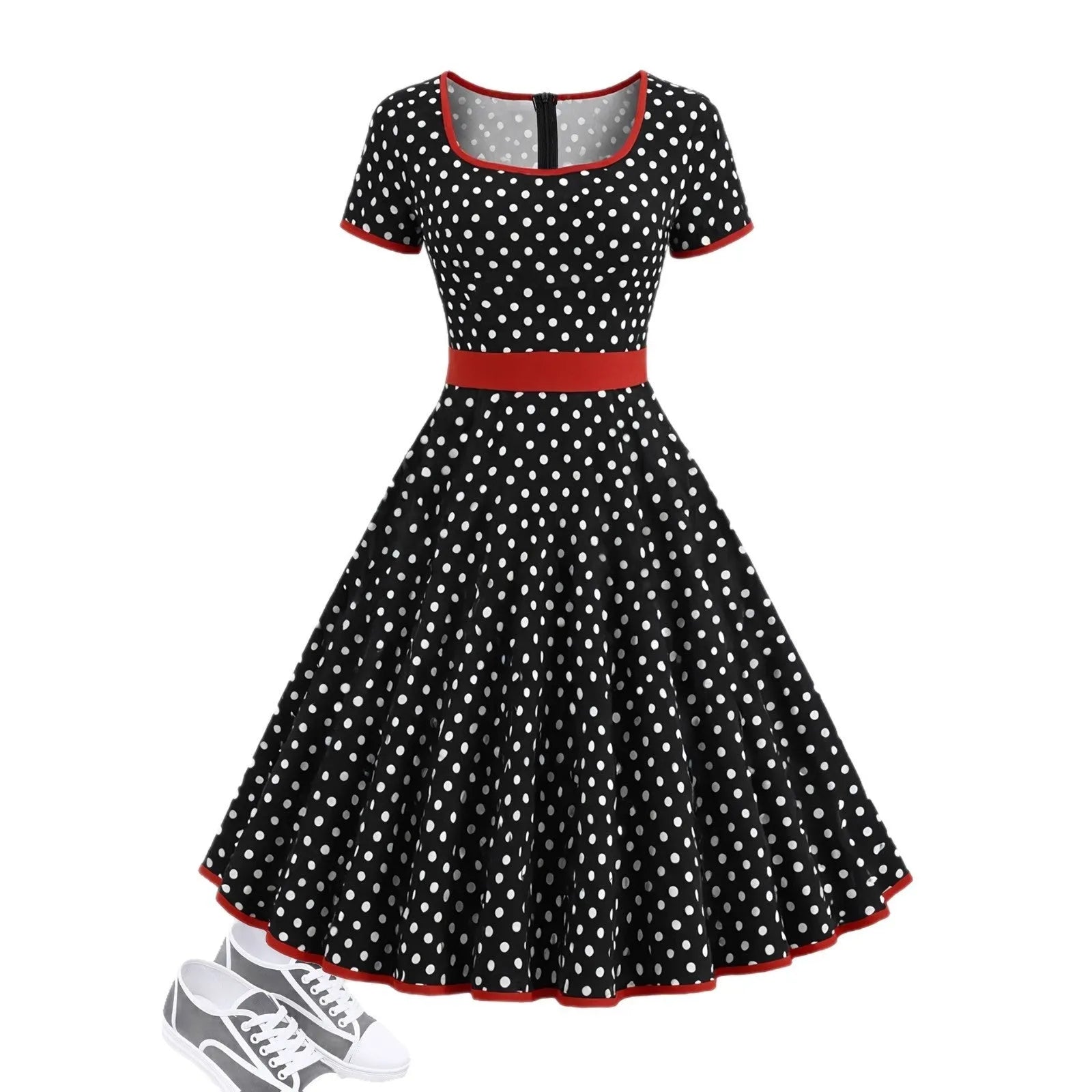 Multicolour polka dot dress with a square collar, short sleeves, front zipper, and pleated mid-length skirt.