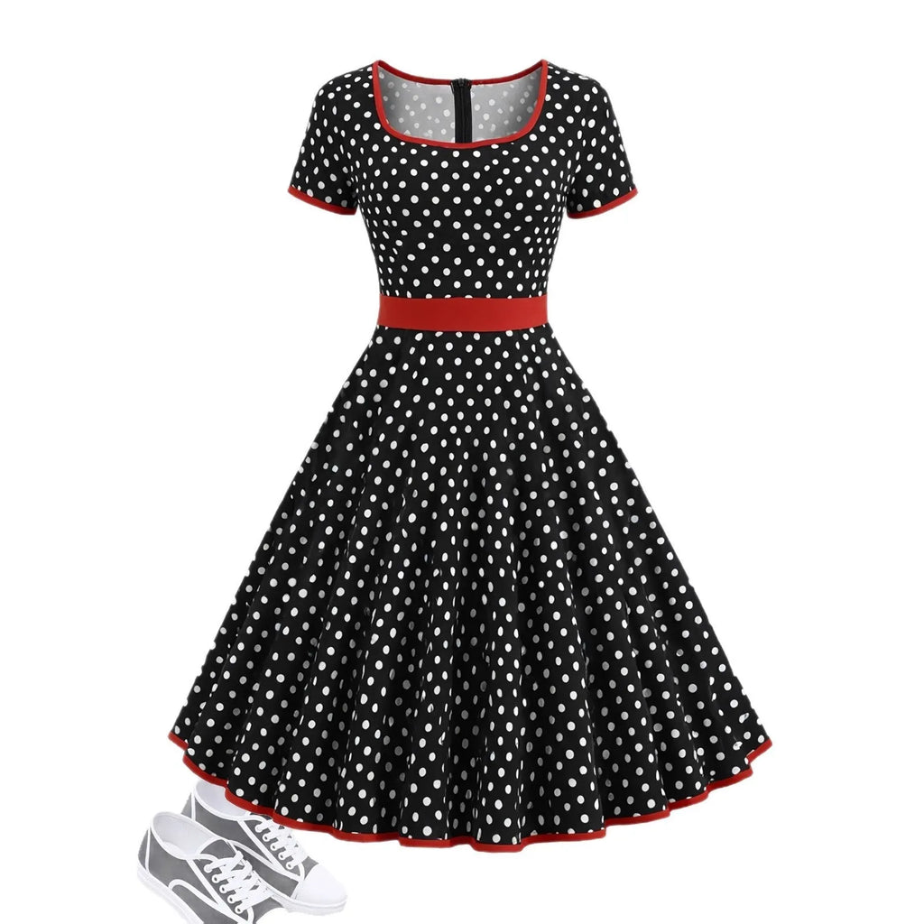 Women's multicolour polka dot pleated dress with a square collar and zip front.