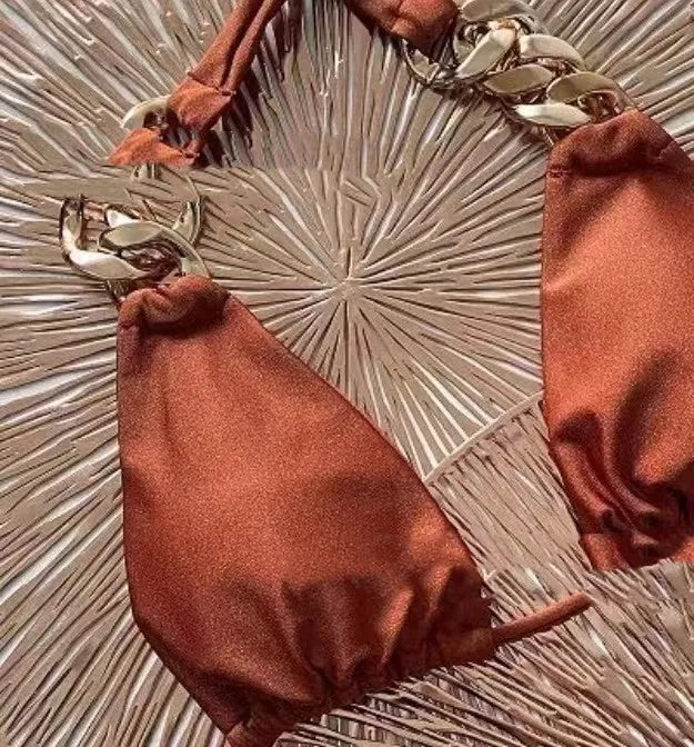 Brown women's push up bikini swimsuit with a tube top and ring tether detail.