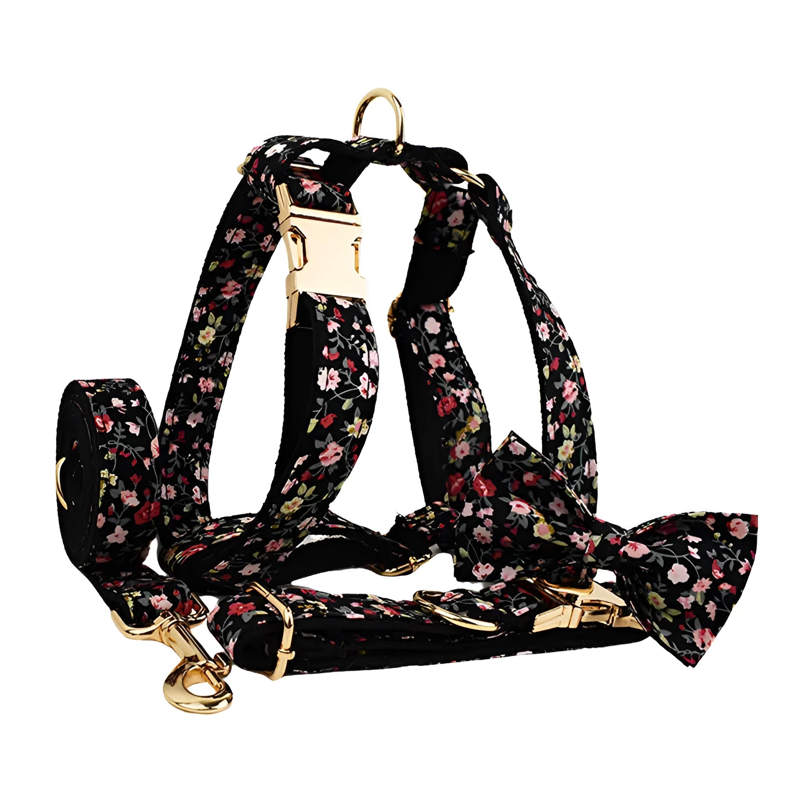 Four-piece pet accessory set showing dog collar, matching leash, decorative bow, and dog vest with cute printed lettering