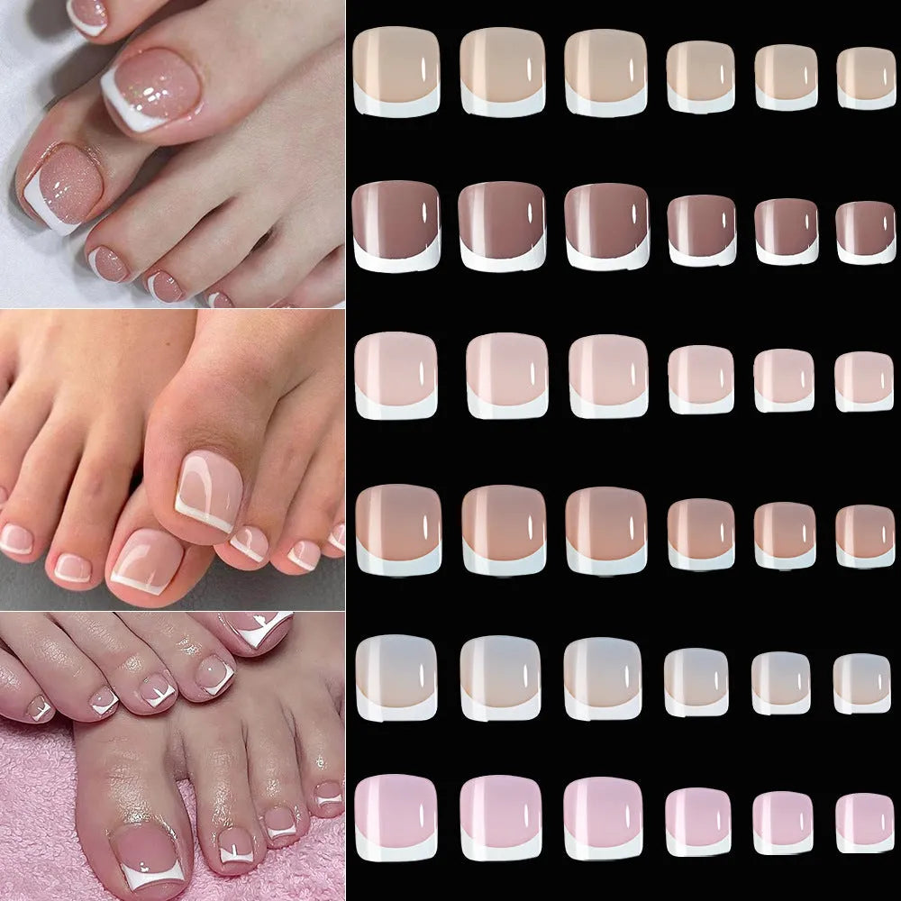 Box of 120 French white edge square short artificial nail pieces in multiple nude shades