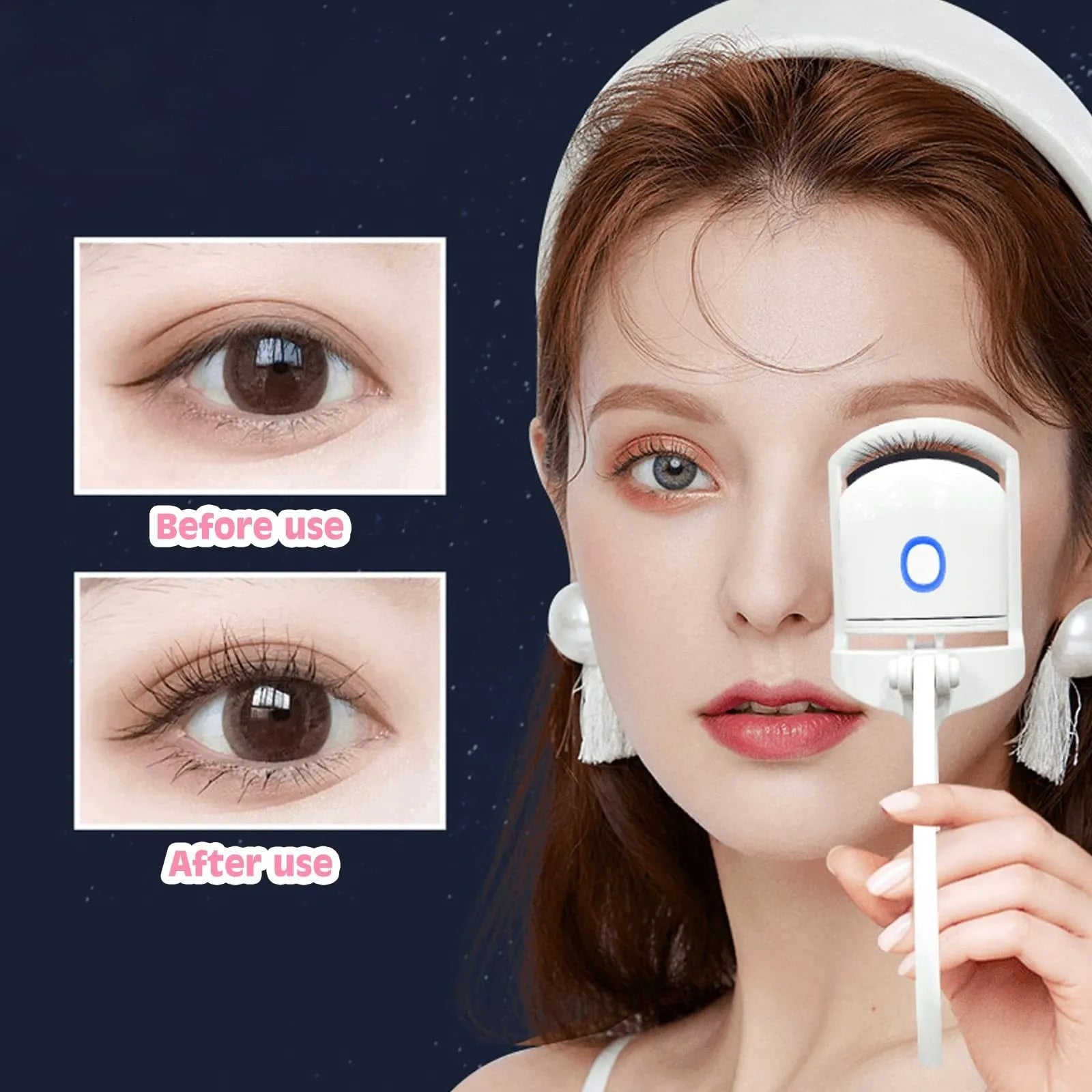 White USB rechargeable heated eyelash curler with dual temperature lights, shown next to its charging cable.