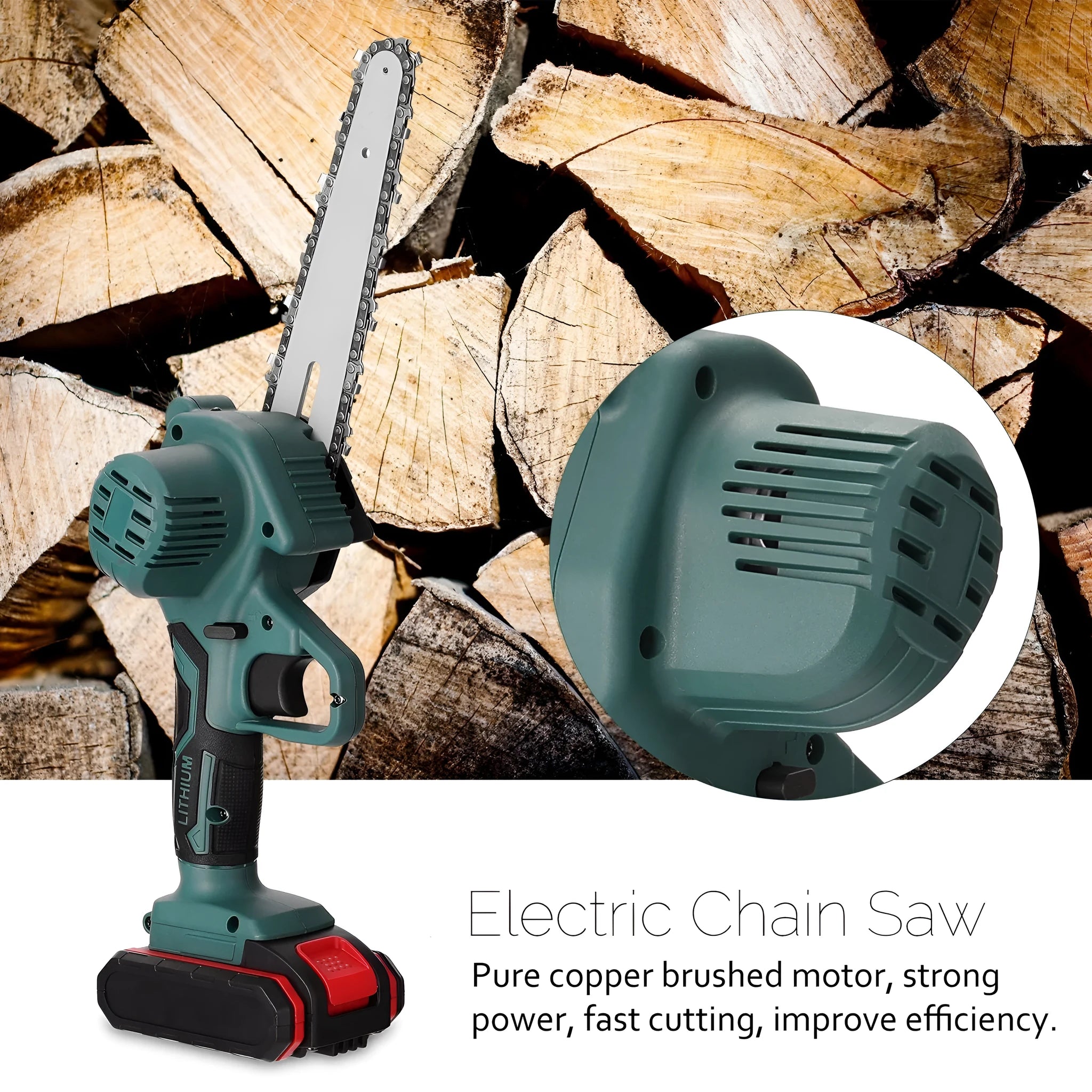 Black one-hand mini electric chainsaw with a 4-inch guide bar on a workbench.