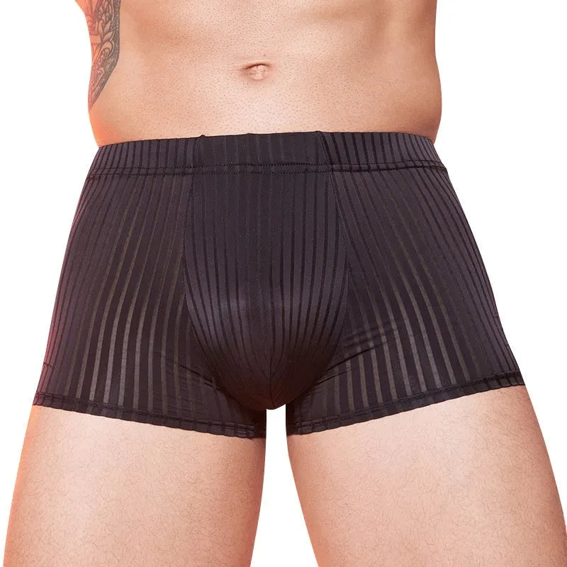 Men's striped nylon underwear in black, shown laid flat.