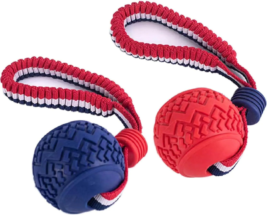 Blue and red natural rubber dog ball attached to a rope for tug-of-war and teeth cleaning.