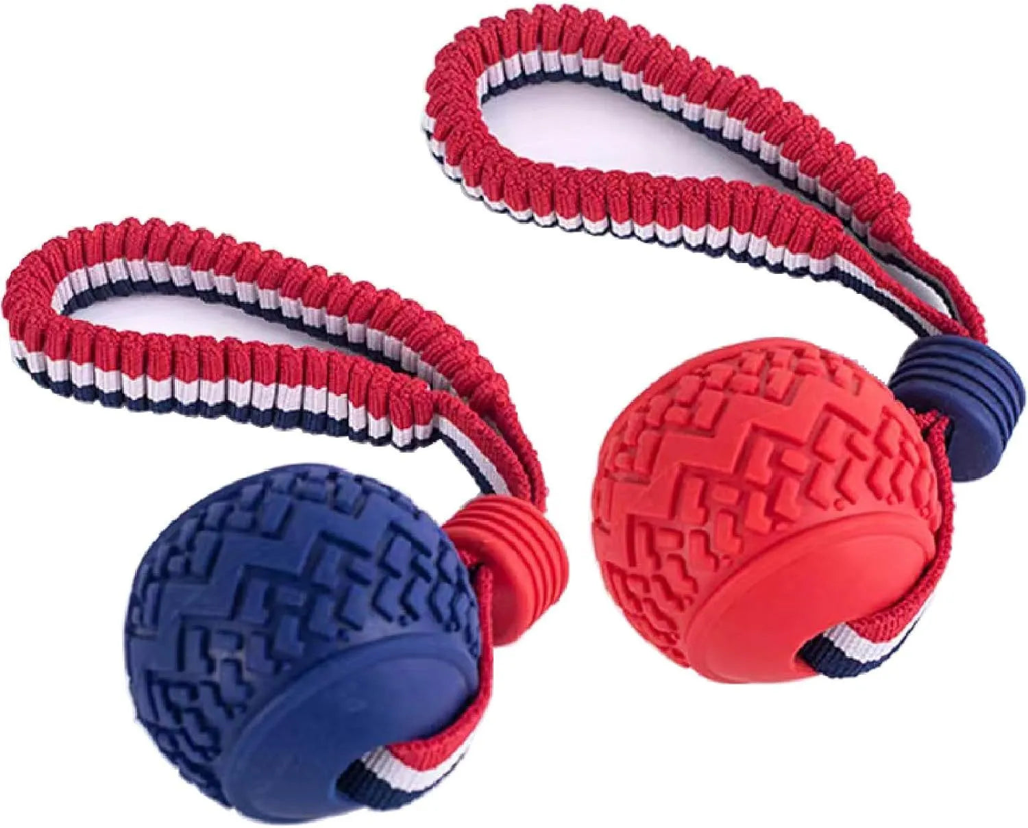 Blue and red natural rubber dog ball attached to a rope for tug-of-war and teeth cleaning.