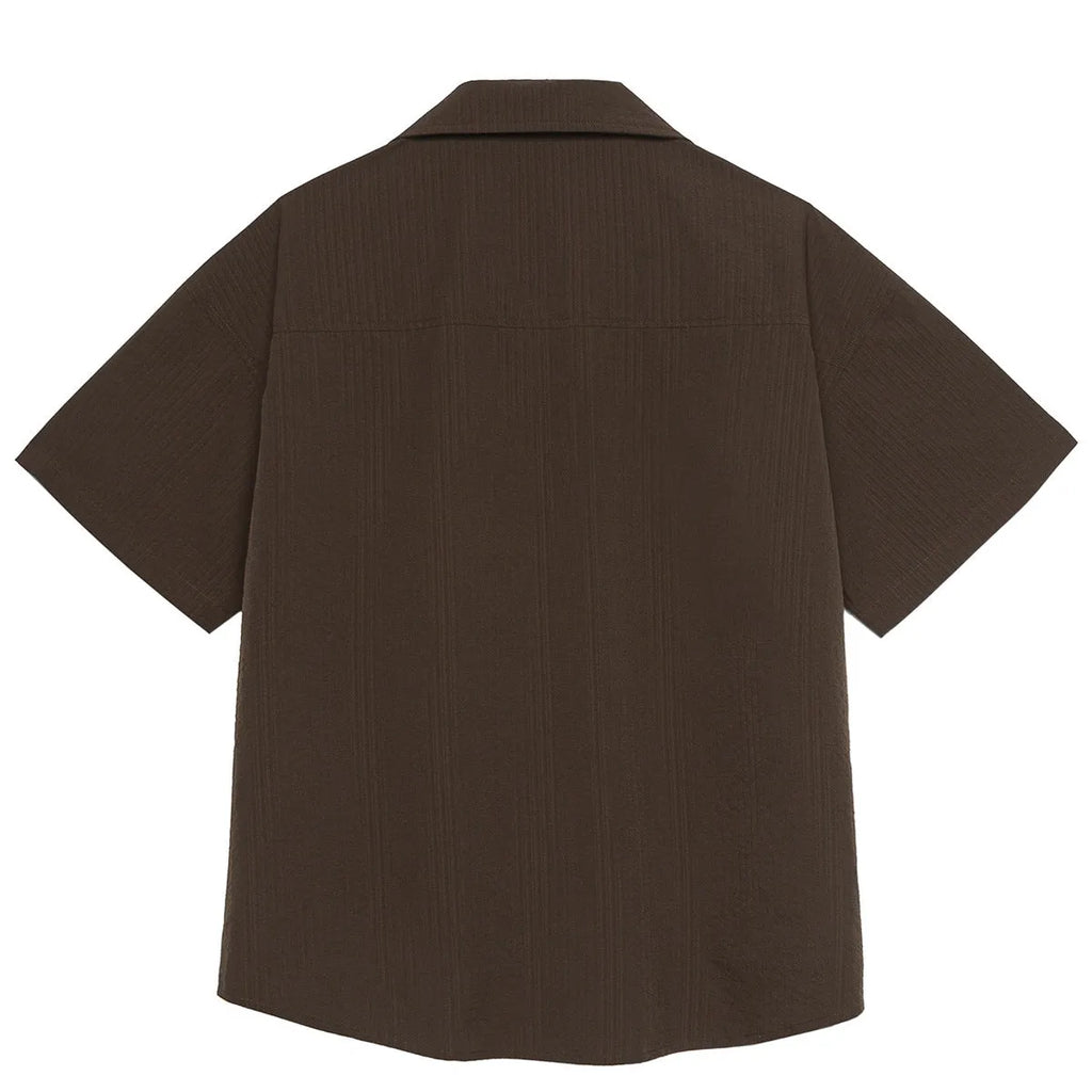Brown stripe polyester outdoor shirt with Cuban collar and short sleeves for camping