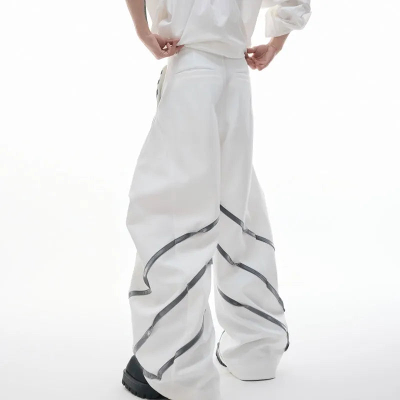 Men's polyester trousers with three-dimensional cutting, metal striped rivets, and pleated design in black or white