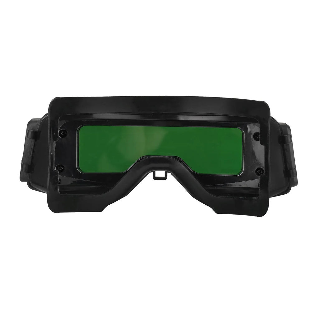 Black automatic darkening welding mask glasses with a large rectangular LCD viewing lens.