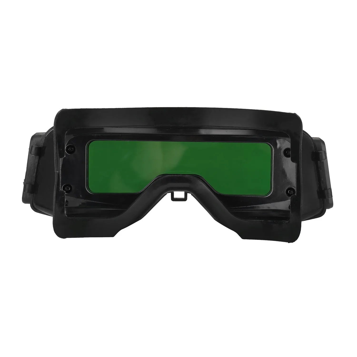 Black automatic darkening welding mask glasses with a large rectangular LCD viewing lens.