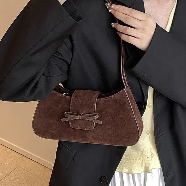 Women's retro PU leather horizontal rectangular shoulder bag with bow tie detail, available in Brown, Coffee, Anco Red, Black, 28x6.5x14cm