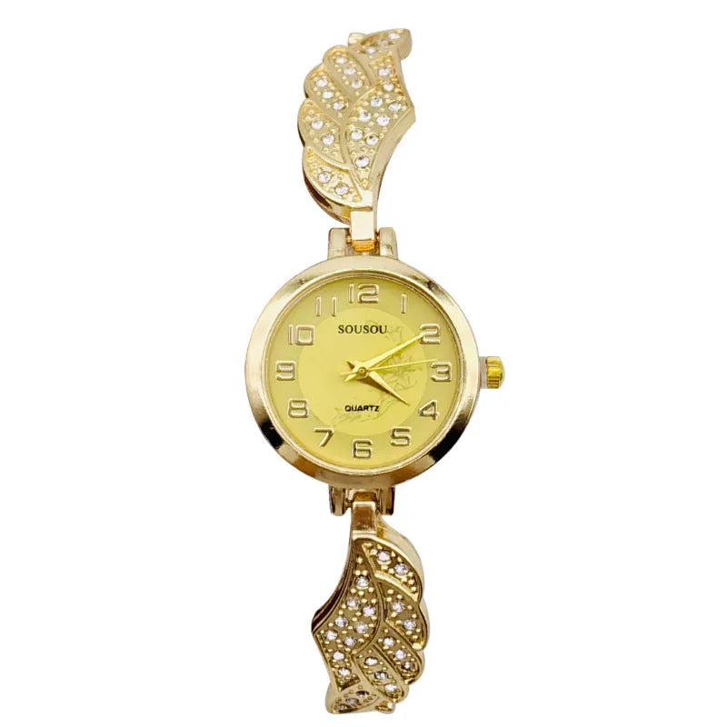 Women's stainless steel watch with gold face round dial and vachette clasp buckle