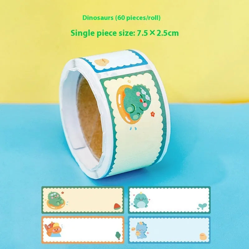 Roll of colourful cartoon name tape stickers showing Dinosaur, Astronaut, Rabbit, and Girl designs