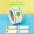 Roll of colourful cartoon name tape stickers showing Dinosaur, Astronaut, Rabbit, and Girl designs