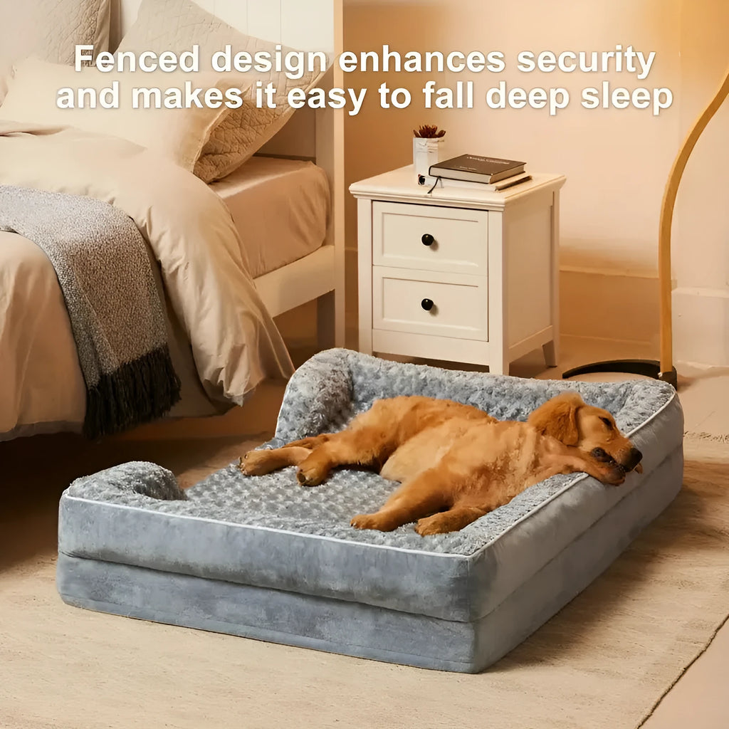 Waterproof removable dog kennel pad in light grey, shown in a large size next to a dog crate.