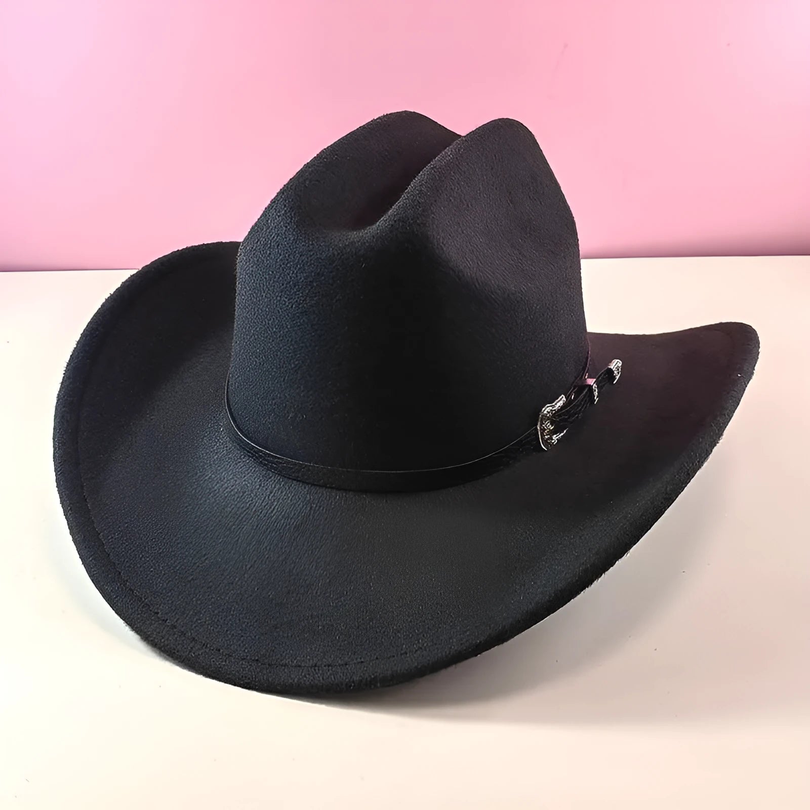 Polyester conical crown cowboy hat in khaki, side view, size M 56-58 cm