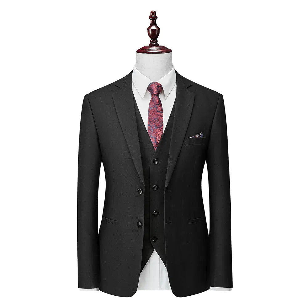 Men's navy blue plaid slim fit three-piece suit with vest, jacket, and trousers on hanger