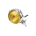 Black retro motorcycle halogen headlight with cast aluminium housing and 8cm glass lens.