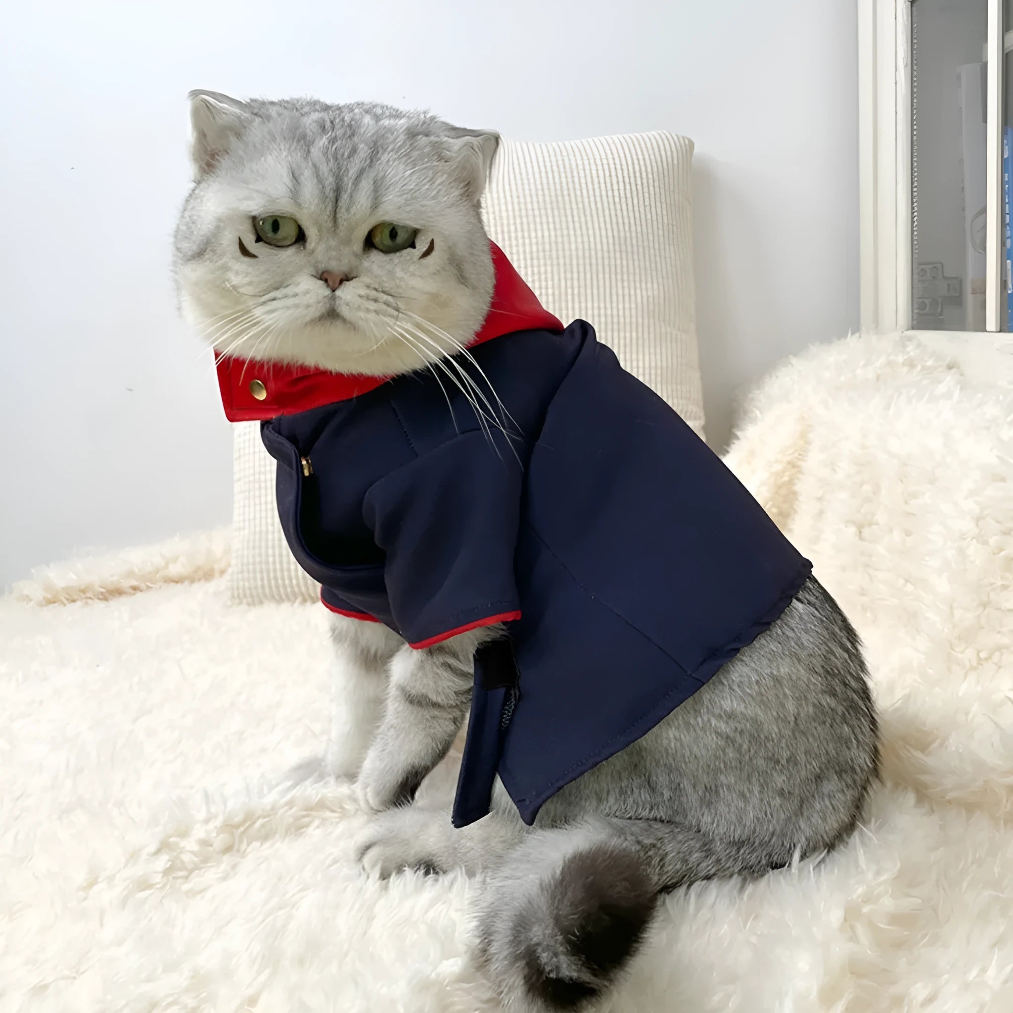 Tiger Staff Yuren coloured pet hoodie for cats and dogs, shown in small and medium sizes with a hood.
