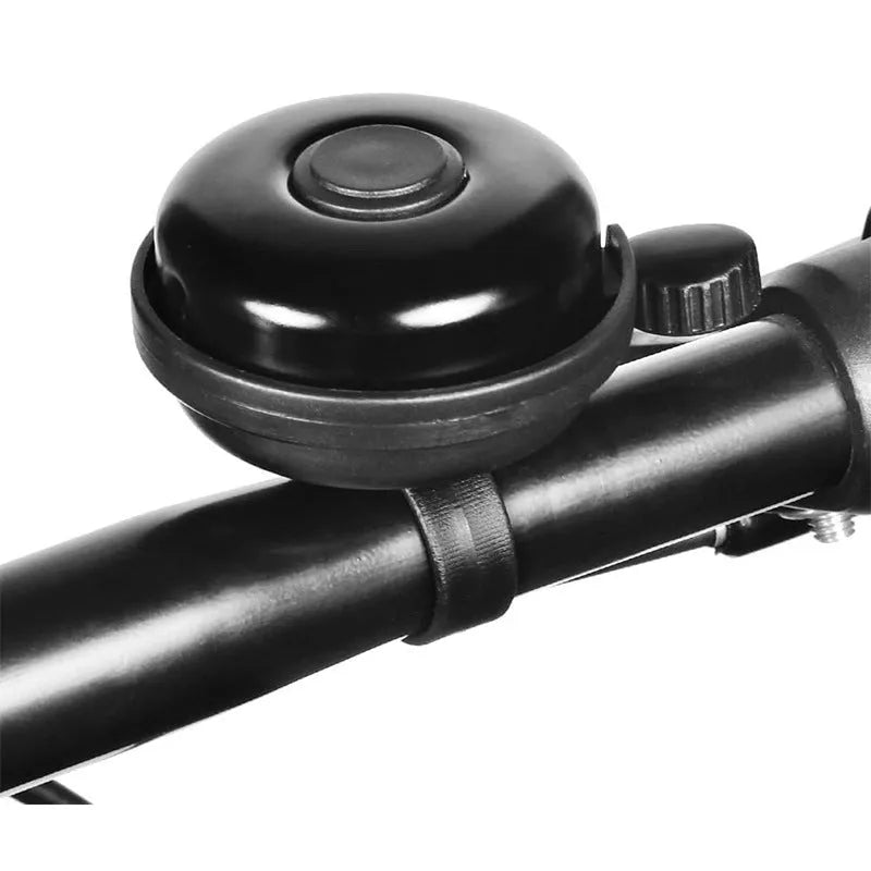 Black ABS bicycle bell with 58mm diameter and a metal mounting fixture.