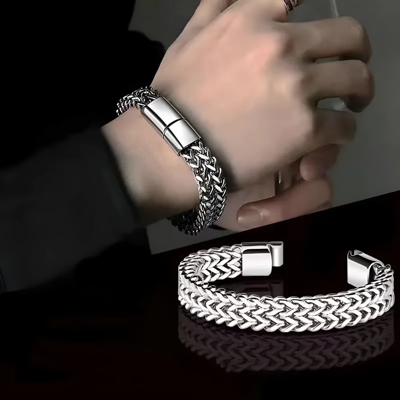 Men's stainless steel hip hop bracelet with geometric pattern on front and back, silver colour with 4x8mm or 5x10mm link options