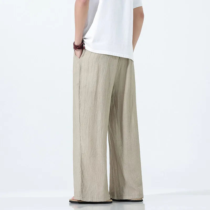 National Style men's straight-leg wide trousers in black, breathable bamboo spandex fabric