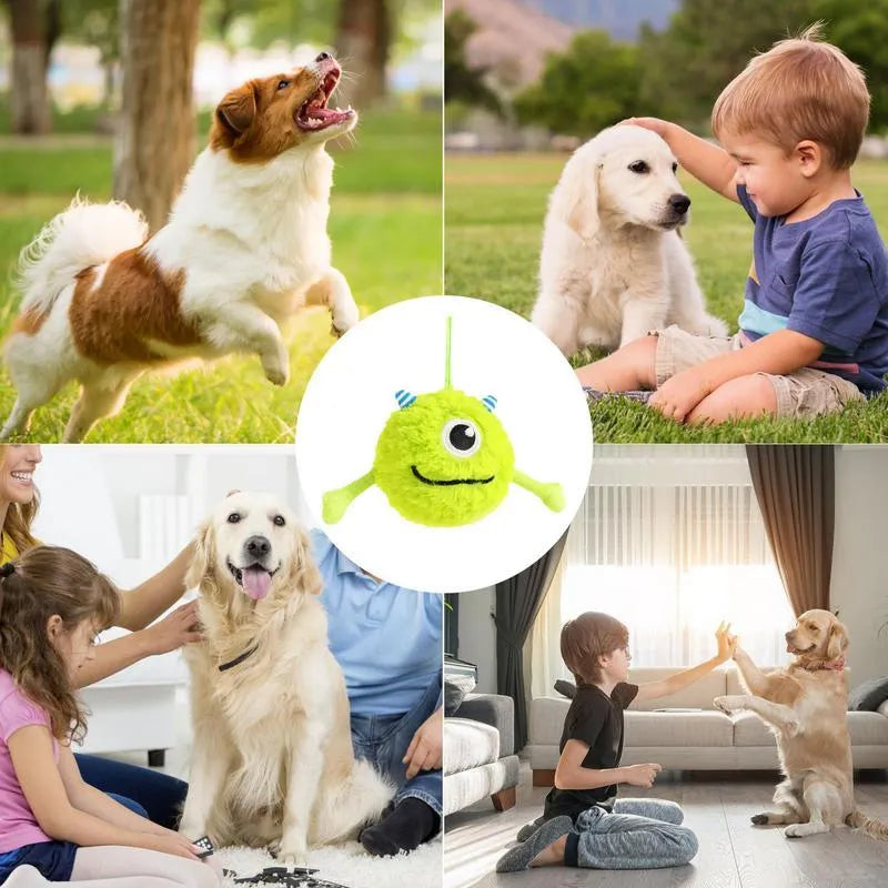Green interactive sound dog teething ball toy made of plush and TPR, approximately 12cm in diameter.