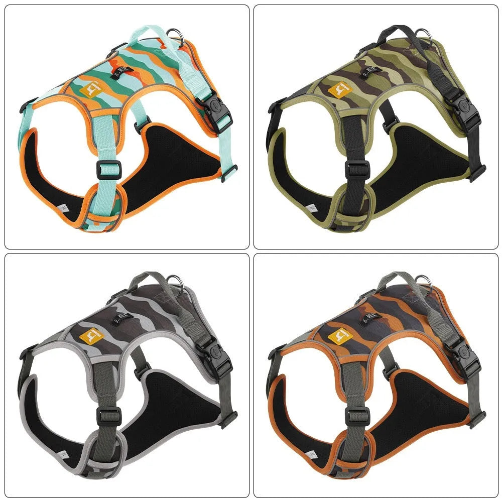Orange reflective dog walking leash with integrated chest and back harness made from Oxford cloth.