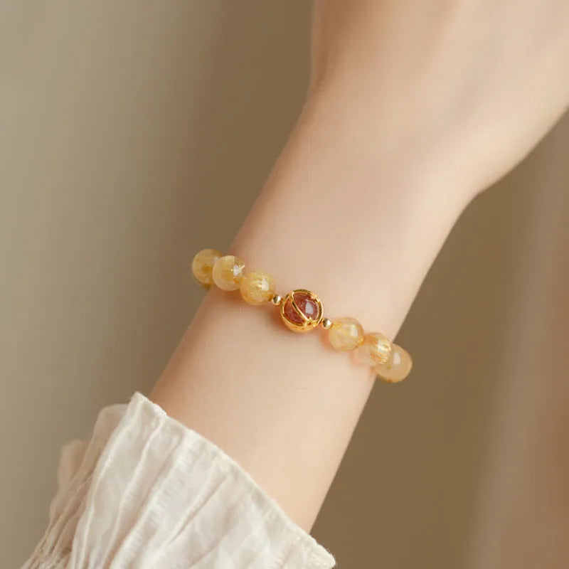 Citrine and gold rutilated quartz crystal bracelet in Korean style with diamond shapes