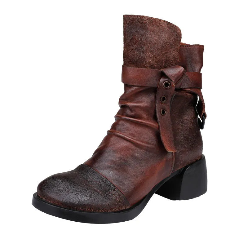 Women's brown retro chunky heel ankle boots with round toe and genuine leather upper.