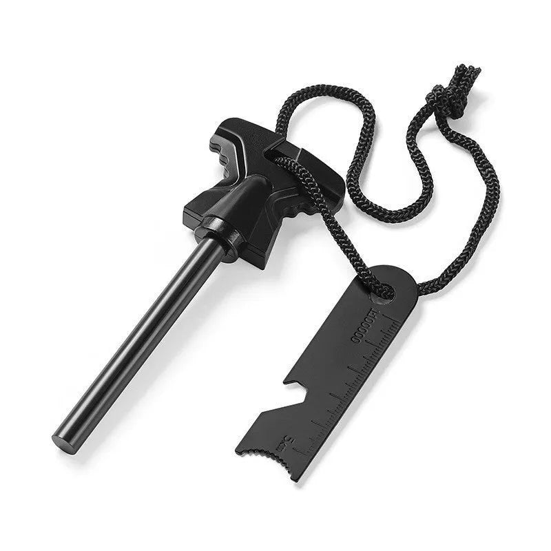 Butterfly-shaped point firestone with stainless steel doctor blade bottle opener measuring 117x43mm