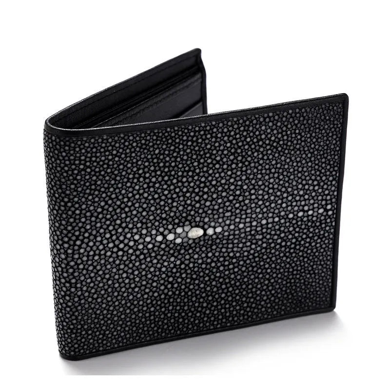 Women's short pearl fishskin leather wallet in horizontal square design with stitching detail