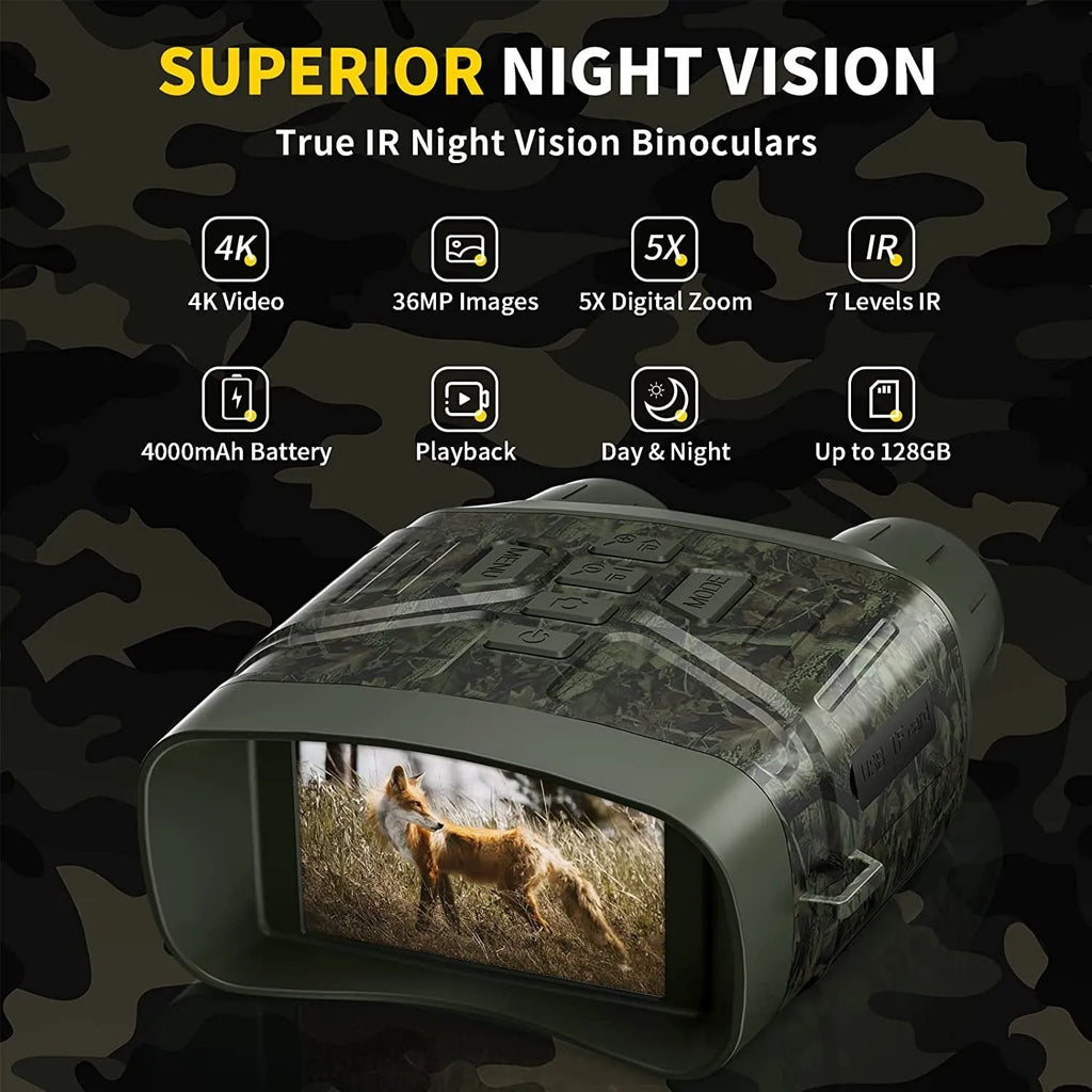 Black night vision instrument with lens and display screen showing 4K night vision capability.