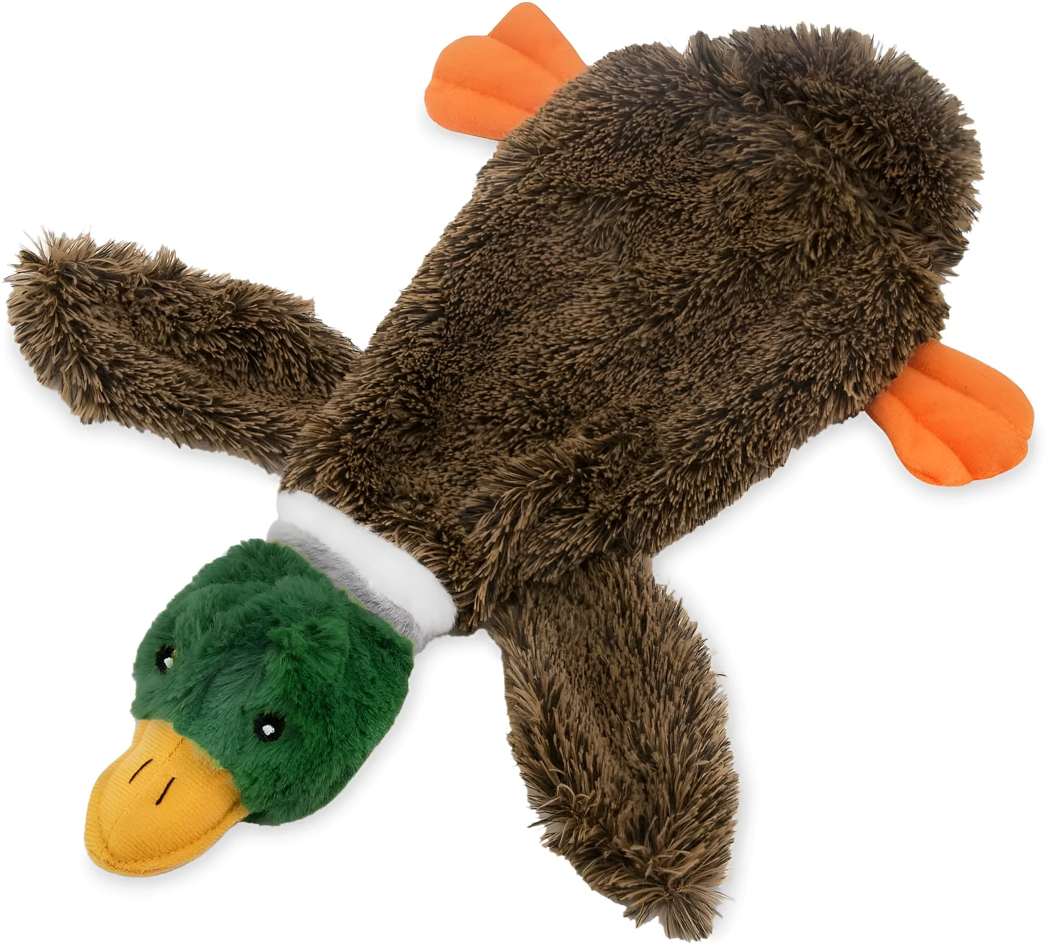 Green wild duck stuffless squeaky dog toy with soft plush fabric