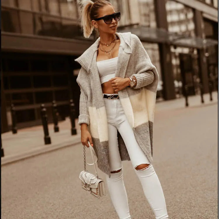 Women's colour matching hooded knit cardigan coat in pink, thick acrylic cashmere blend, long sleeve, loose fit
