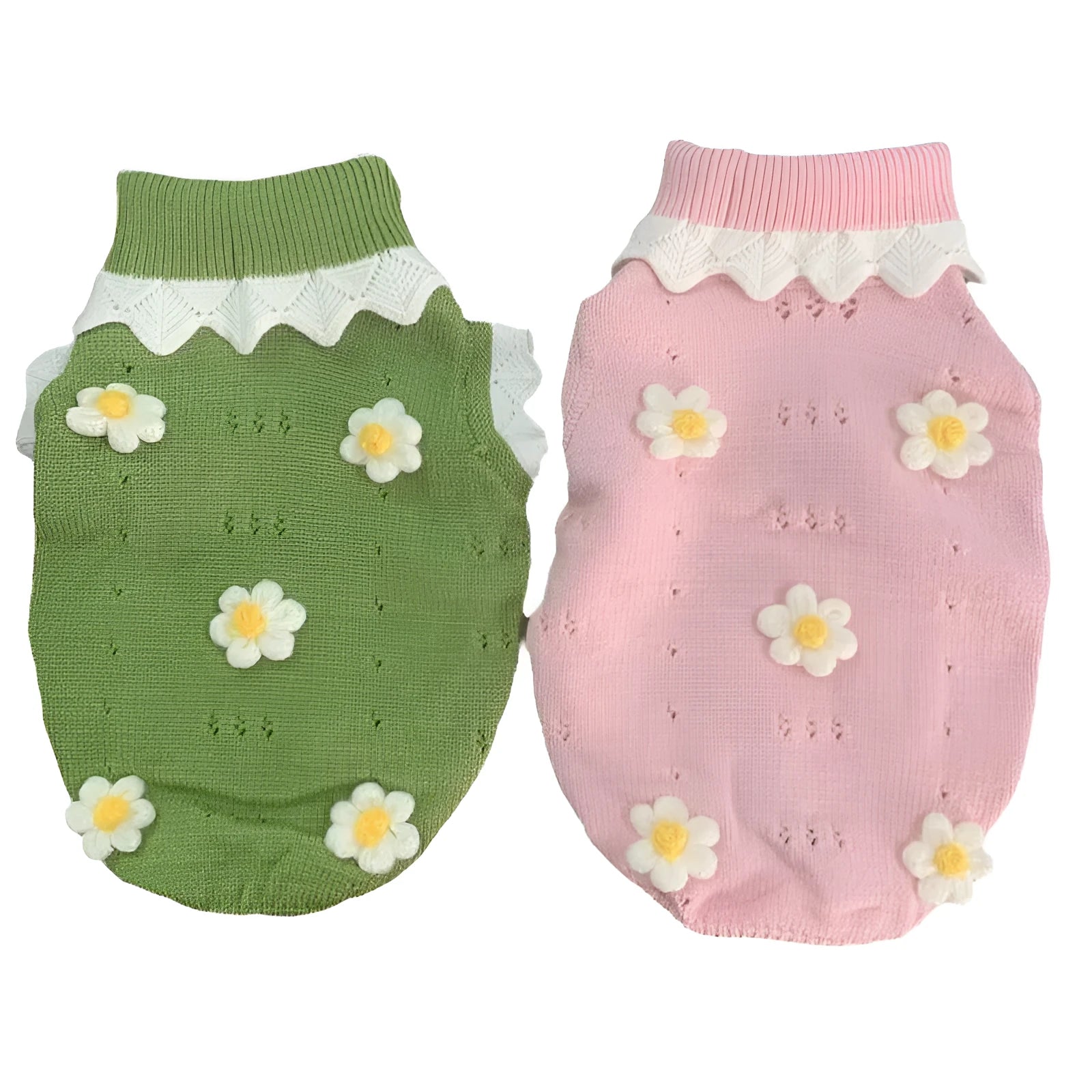 Flower blossom pattern knit sweater for dogs and cats in green or pink colours