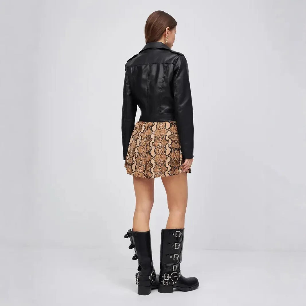 Black women's PU leather retro locomotive jacket with regular sleeves on size chart