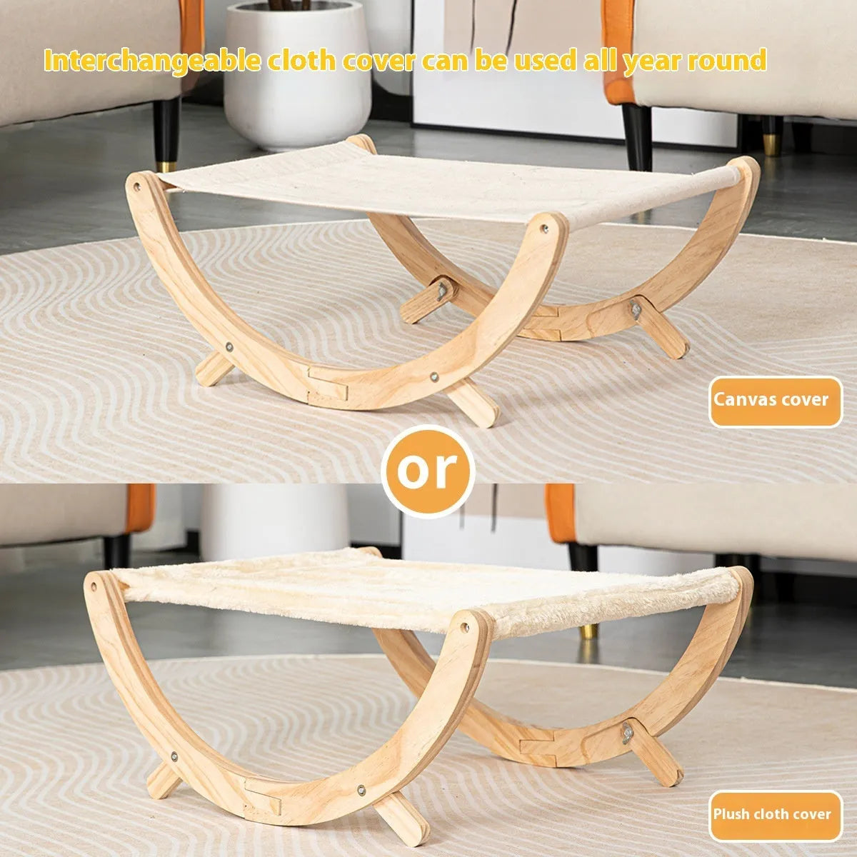 Solid wood frame foldable cat hammock bed with canvas and plush sleeping area