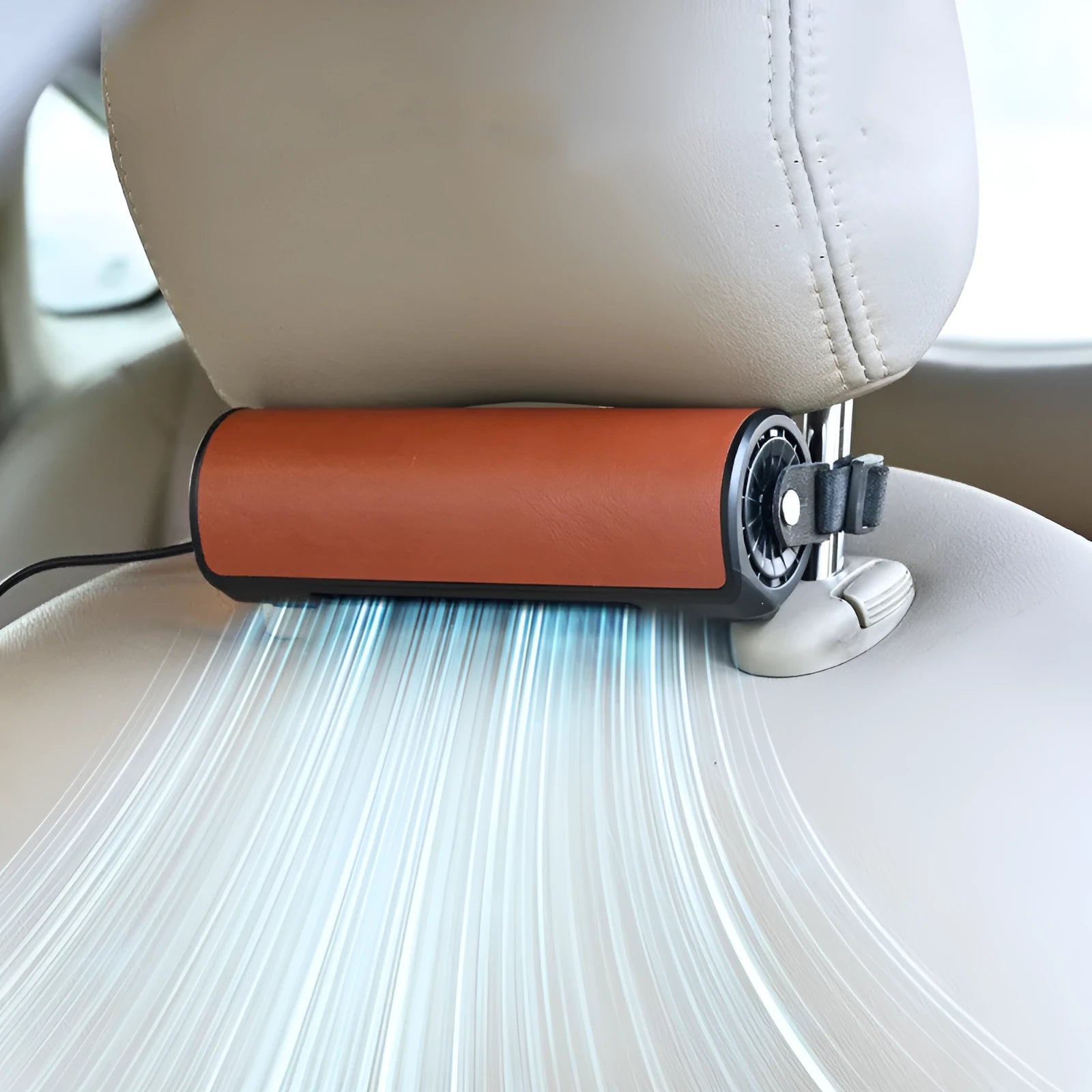 Black USB-powered car rear seat fan with 1.5 metre cable, dimensions 57mm x 168mm x 53mm