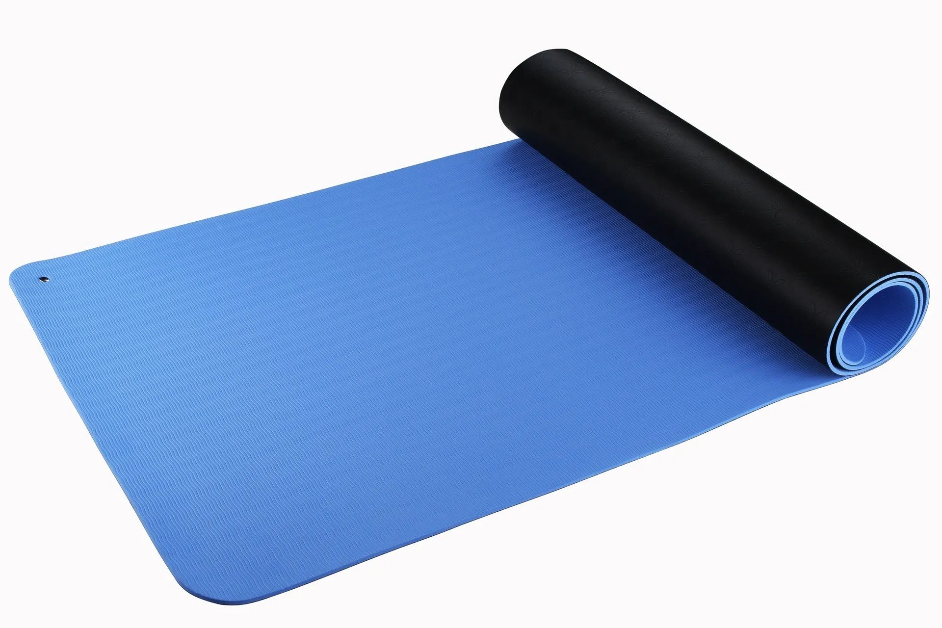 Blue conductive grounding yoga mat with floral pattern, showing grounding wire and 182cm x 61cm x 5mm dimensions.