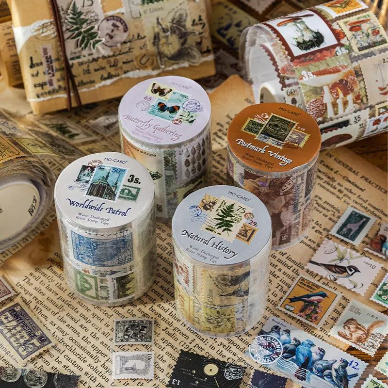 Retro DIY coated paper stamp roll sticker showing decorative designs on 55mm wide, 2m long roll